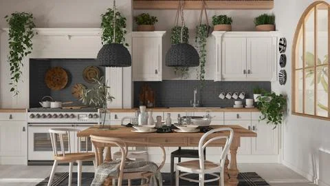 Dining table and kitchen in wooden scandinavian boho style. Table setting in  Stock Illustration
