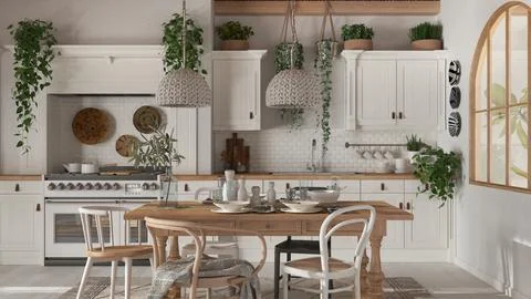 Dining table and kitchen in wooden scandinavian boho style. Table setting in  Stock Illustration