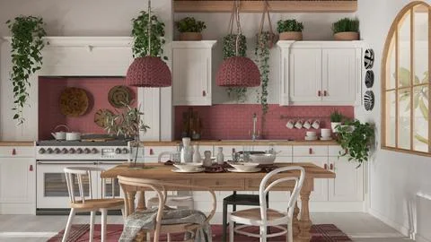 Dining table and kitchen in wooden scandinavian boho style. Table setting in  Stock Illustration