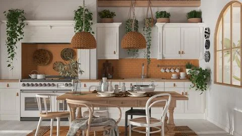 Dining table and kitchen in wooden scandinavian boho style. Table setting in  Stock Illustration