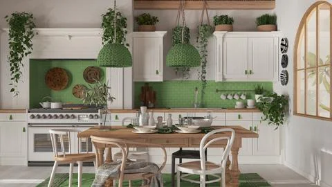 Dining table and kitchen in wooden scandinavian boho style. Table setting in  Stock Illustration