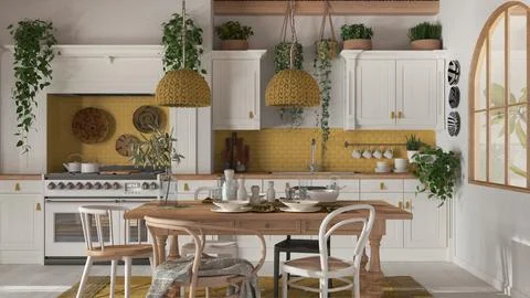 Dining table and kitchen in wooden scandinavian boho style. Table setting in  Stock Illustration