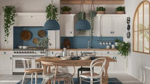 Dining table and kitchen in wooden scandinavian boho style. Table setting in  Stock Illustration