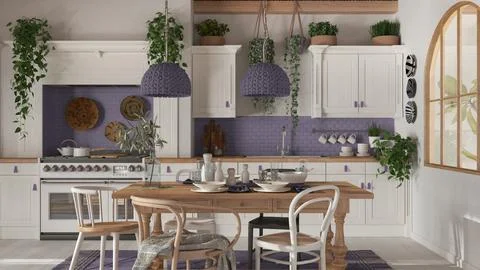 Dining table and kitchen in wooden scandinavian boho style. Table setting in  Stock Illustration
