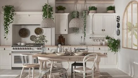 Dining table and kitchen in wooden scandinavian boho style. Table setting in  Stock Illustration