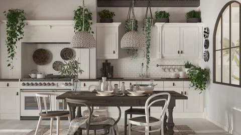 Dining table and kitchen in wooden scandinavian boho style. Table setting in  Stock Illustration