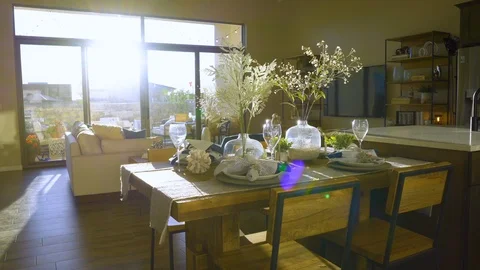 Dining Table and Living Room Push In with Flare Stock Footage 112886910