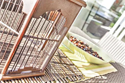 Dining table with cage  and fruit plate Stock Photos