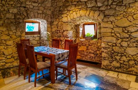 Dining table in castle restaurant Stock Photos