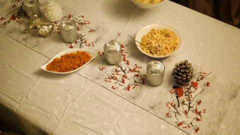 Dining Table Christmas preparing dinner. Serving homemade food family home.  Stock Footage 129041992
