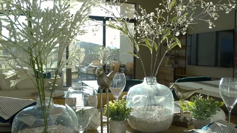 Dining Table Décor with Sun Flare Move Right Stock Footage 112886890