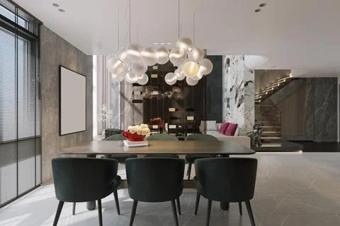 Dining table decoration smart living room interior design for a duplex house Stock-Illustration