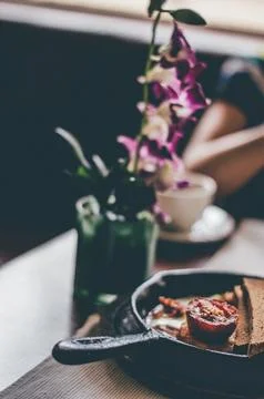 Dining, table, food, breakfast, lunch, dinner, bread, blur, flower, vase, d.. Stock Photos