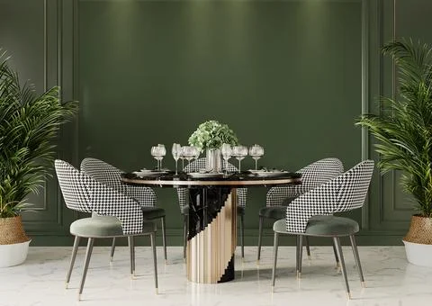 Dining table in front of the green wall, 3d render Stock Illustration