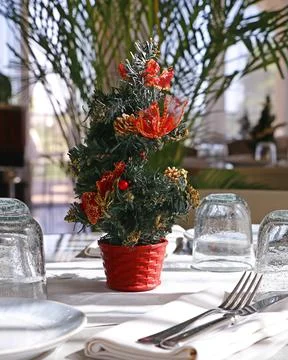 Dining table with full set cutlery and  Christmas tree decoration Stock Photos