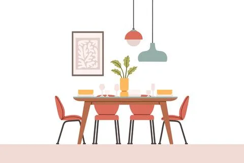 Dining table in kitchen with chairs, plates and wineglasses. Flat cartoon style Stock Illustration