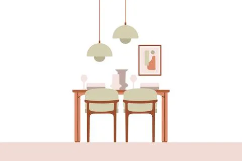Dining table in kitchen with chairs, plates and wineglasses. Flat cartoon style Stock Illustration