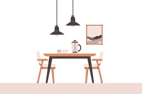 Dining table in kitchen with chairs, plates and wineglasses. Flat cartoon style Stock Illustration