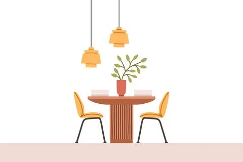 Dining table in kitchen with chairs, plates and wineglasses. Flat cartoon style Stock Illustration