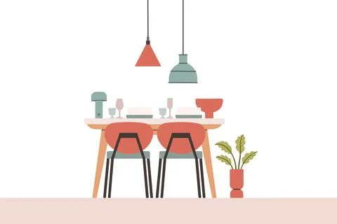 Dining table in kitchen with chairs, plates and wineglasses. Flat cartoon style Stock Illustration