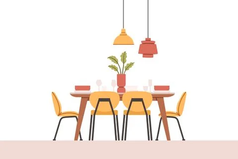 Dining table in kitchen with chairs, plates and wineglasses. Flat cartoon style Stock Illustration