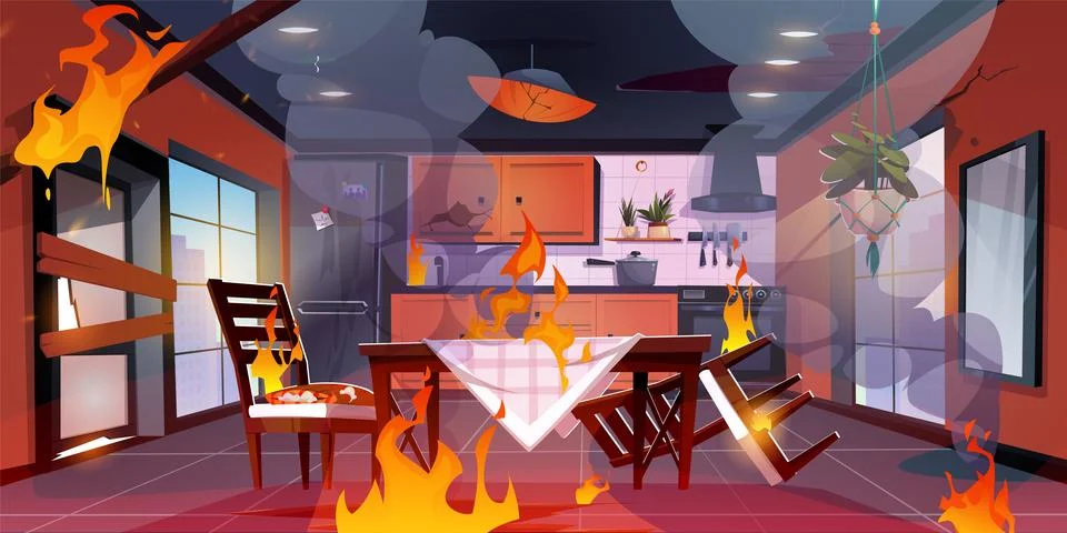 Dining table in kitchen interior in fire disaster Illustrazione stock