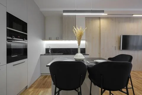 Dining table in the kitchen interior 스톡 사진