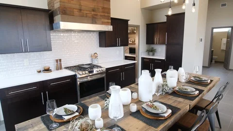 Dining Table Kitchen Lowering Wide Shot Stock Footage 113405693