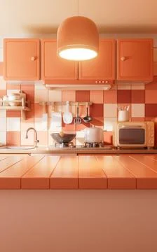 Dining table in the kitchen room with cartoon style, 3d rendering. Stock Illustration