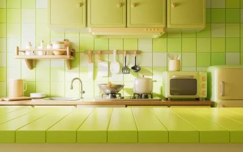 Dining table in the kitchen room with cartoon style, 3d rendering. Stock Illustration