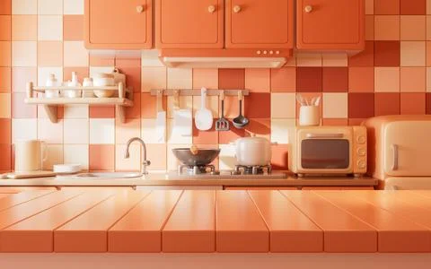 Dining table in the kitchen room with cartoon style, 3d rendering. Illustrazione stock