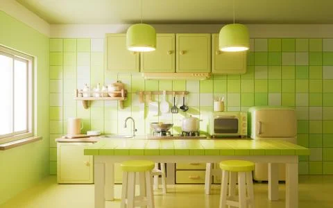 Dining table in the kitchen room with cartoon style, 3d rendering. Stock Illustration