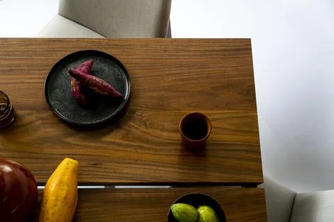 Dining table ready for dinner, on white background design furniture, mexico Stock Photos