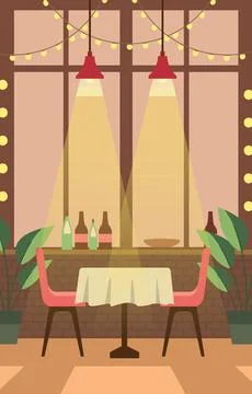 Dining Table for Romantic Customer Dinner Date in Cafe Restaurant with Wind.. 스톡 일러스트