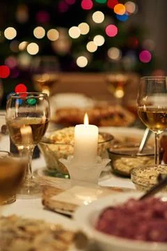 Dining table set for Christmas feast Stock Photos