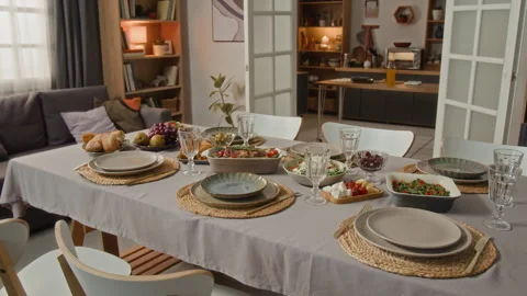 Dining Table Set with Delicious Healthy Food for Holiday Feast Stock Footage 340329583