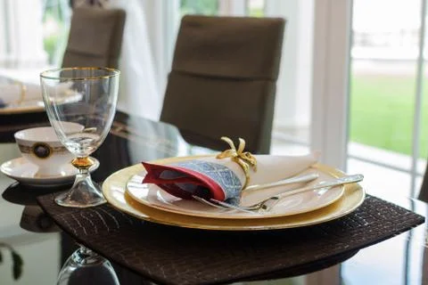 Dining table set in restaurant Stock Photos