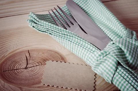 Dining Table Setting. Cutlery with Empty Tag and Present. Stock Photos