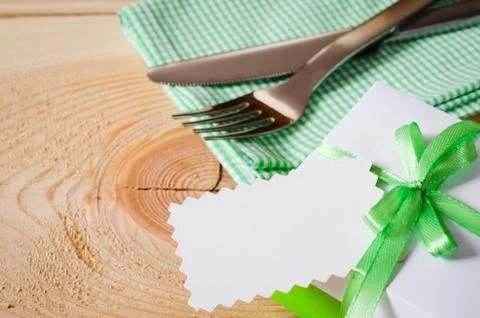 Dining Table Setting. Cutlery with Empty Tag and Present. Stock Photos