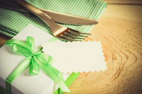 Dining Table Setting. Cutlery with Empty Tag and Present. Stock Photos