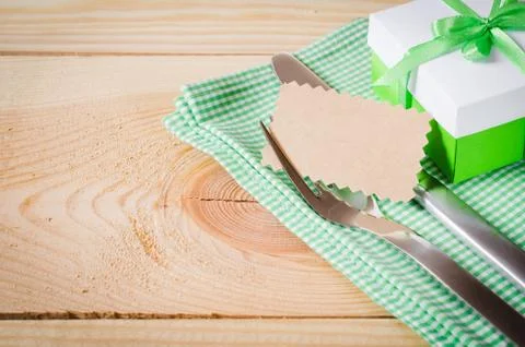 Dining Table Setting. Cutlery with Empty Tag and Present. Stock Photos