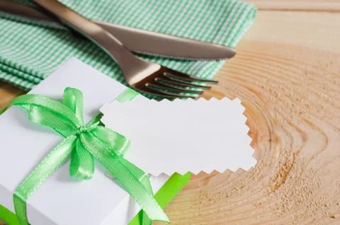 Dining Table Setting. Empty Tag and Present. Stock Photos