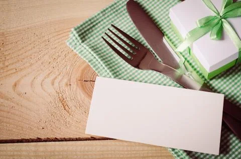 Dining Table Setting. Empty Tag and Present. Stock Photos