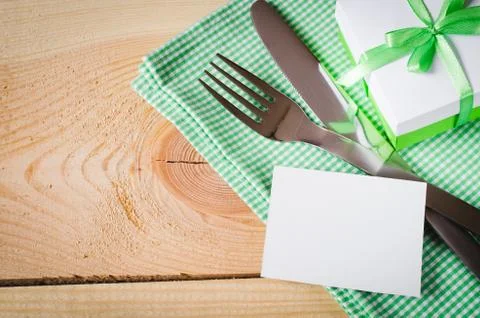 Dining Table Setting. Empty Tag and Present. Stock Photos