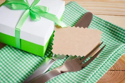 Dining Table Setting. Empty Tag and Present. Stock Photos