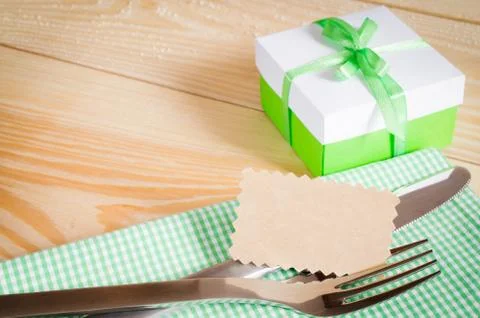 Dining Table Setting. Empty Tag and Present. Stock Photos