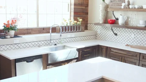 Dining Table Setting Rise to Kitchen Sink Stock Footage 76256050