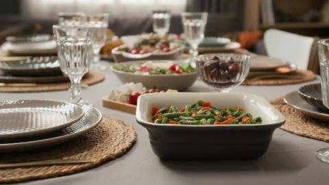 Dining Table Standing Ready with Healthy Dishes for Family Dinner Stock Footage 340330986