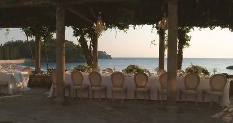 Dining table in sunset - Milocer - Montenegro Video stock 99596447
