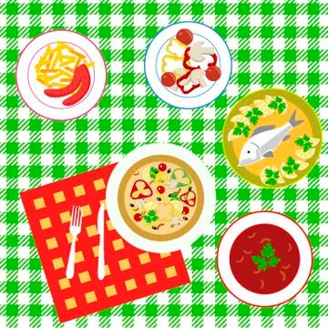 Dining table top view. Stylish graphic set with dishes and napkin. Stock Illustration